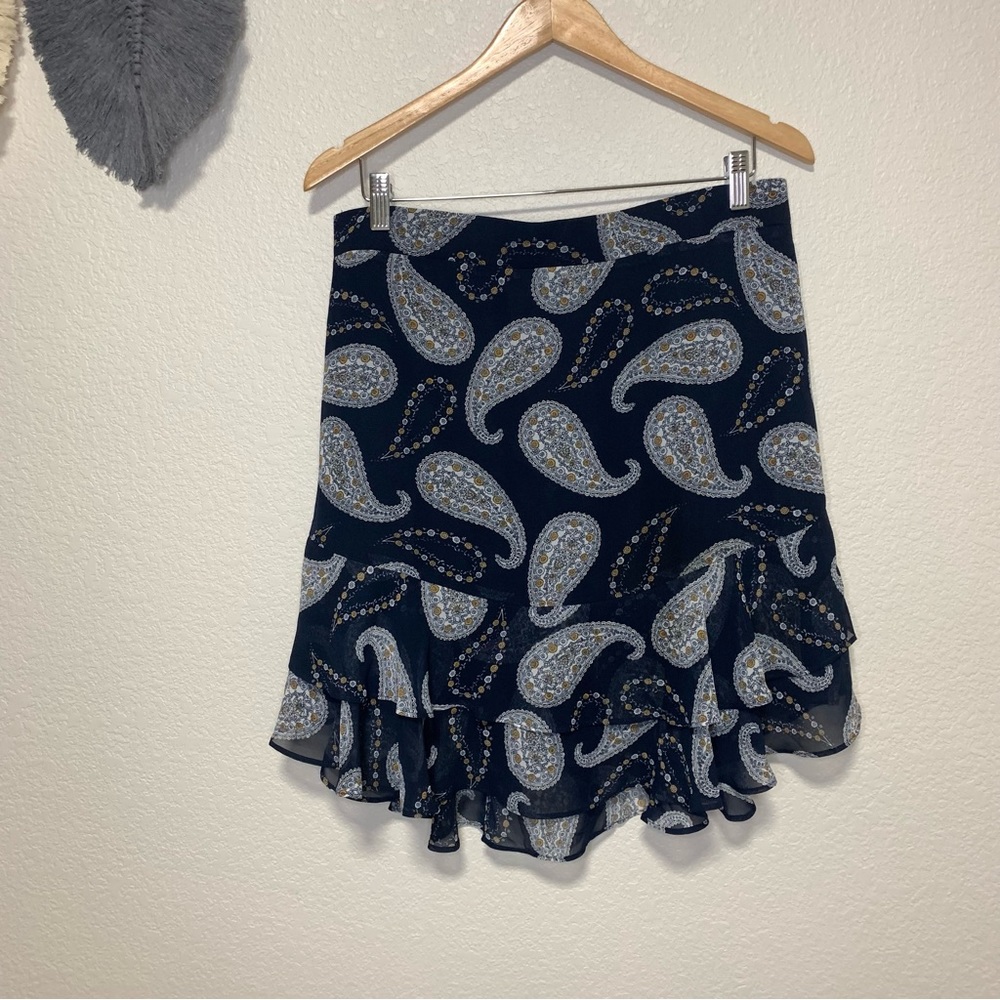 NWOT L LOFT Outlet Paisley Print Ruffled Flowy Lined Navy Mimi Skirt